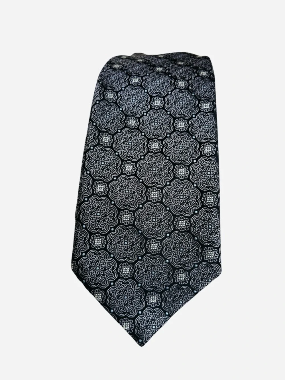 Canali Silk Tie Black Gray Blue Medallion Geometric Pattern Luxury Italian Made